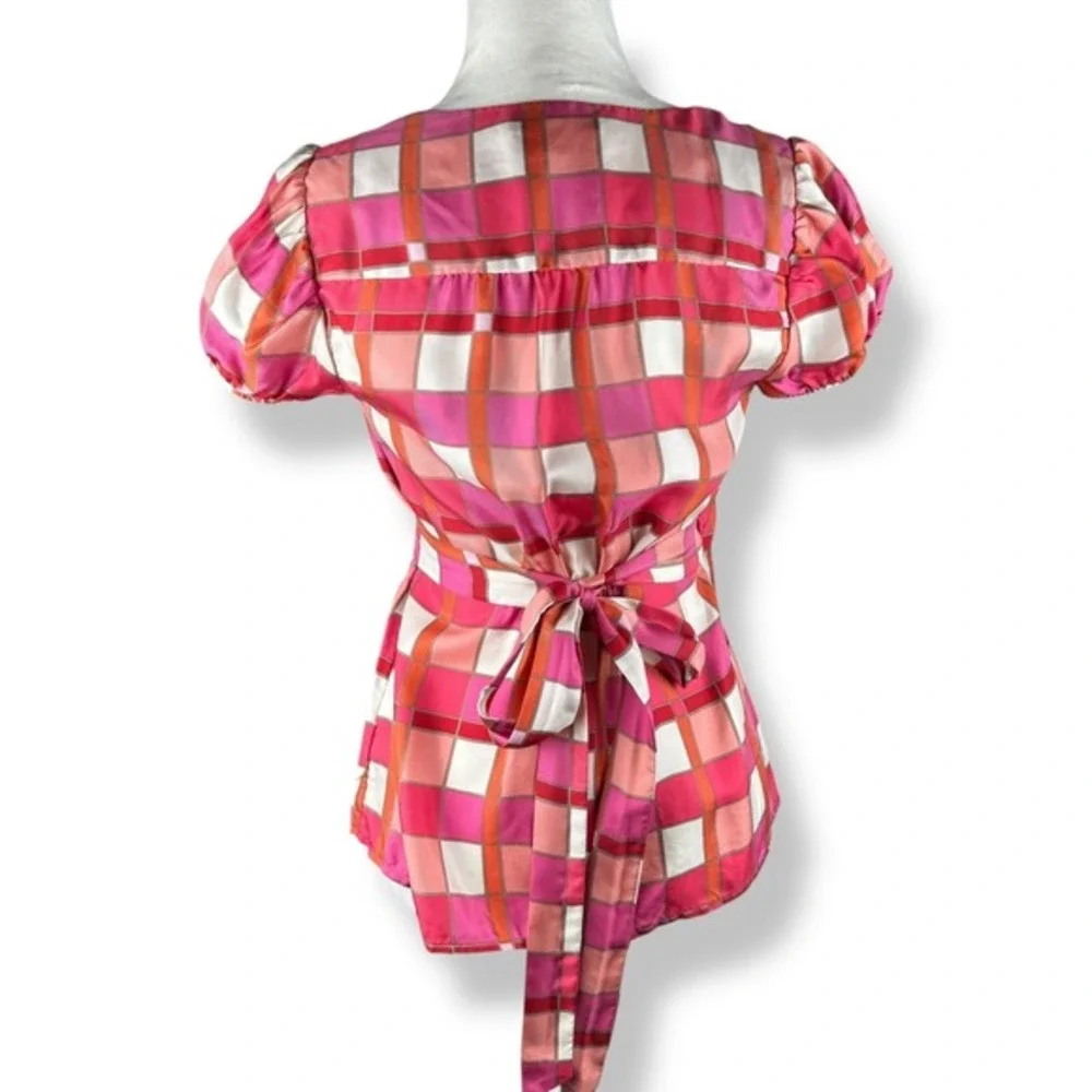 Banana Republic 100% Silk Wrap Top‎ Womens Size XS Y2K Retro Geometric Plaid